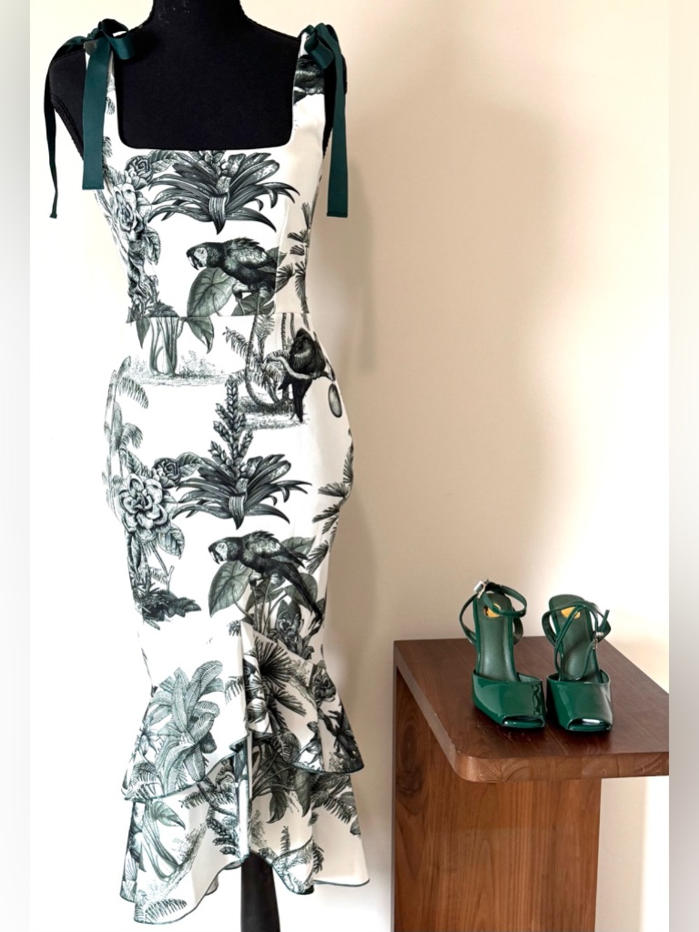 White Tropical Parrot Print Tie-Strap Midi Dress (Sz 4) w/Heels (Sz 8)